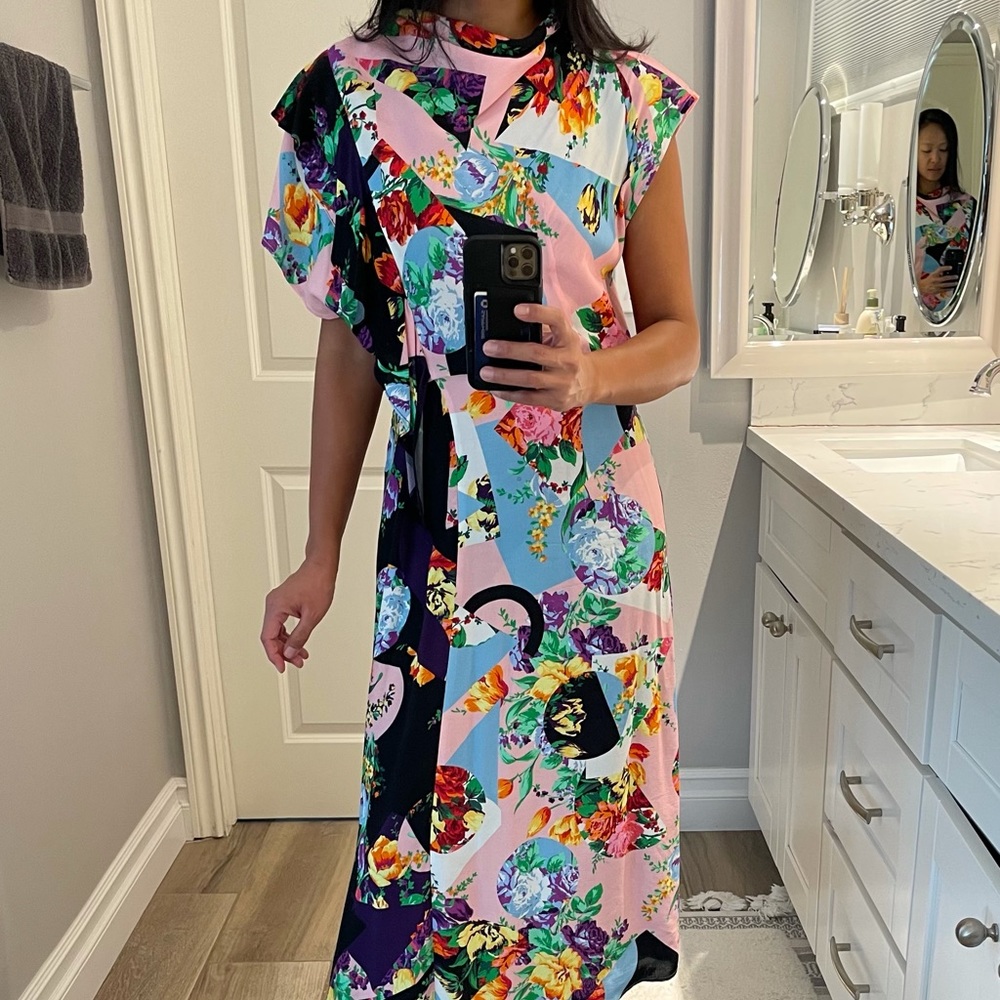 Top Shop printed, cowl back/open back midi dress.